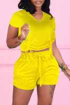 Yellow Fashion Casual Solid Bandage O Neck Short Sleeve Two Pieces