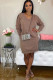 Khaki Sexy Cap Sleeve Long Sleeves V Neck Swagger Knee-Length Solid Long Sleeve Dresses