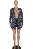 Black Lightly cooked Dot Print Straight Long Sleeve Two-Piece Short Set