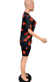Black Fashion Casual adult Patchwork Print Two Piece Suits Lips Print Straight Short Sleeve Two Pieces