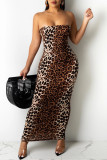 Brown Fashion Sexy Print Leopard Backless Strapless Sleeveless Dress