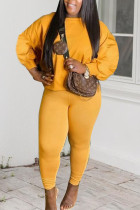 Yellow Sportswear Solid O Neck Plus Size 