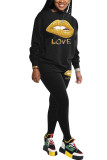 Black Fashion adult Ma'am Street Patchwork Print Two Piece Suits pencil Long Sleeve Two Pieces