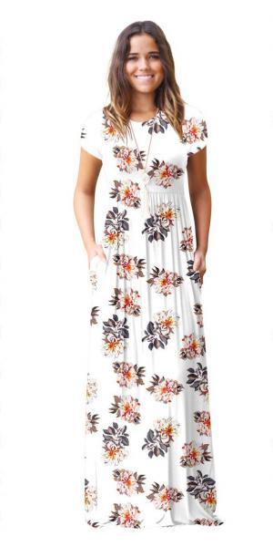 As Show-7 Brief Cute O-Neck Short Sleeve Loose Long Print Dresses