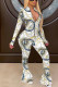 White Fashion Casual Print zipper Long Sleeve O Neck Jumpsuits