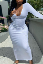 White Casual Solid Patchwork Asymmetrical Collar Straight Dresses