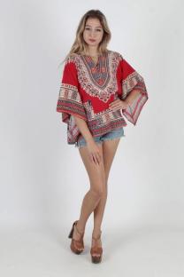 Red and white Fashion adult Sexy Bat sleeve Half Sleeves O neck Swagger Mini Patchwork Print