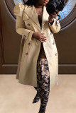 Coffee Casual Solid With Belt Turndown Collar Outerwear