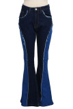 Dark Blue Street Solid Patchwork High Waist Boot Cut Denim Jeans