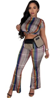 As Show Print Plaid Mid Waist Elastic Waist Two-piece suit
