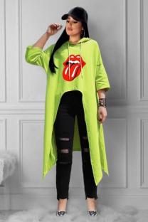 Fluorescent green hooded Long Sleeve Lips Print Print Tees & T-shirts