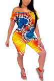 Blue Fashion adult OL Patchwork Print Tie Dye Two Piece Suits pencil Short Sleeve Two Pieces