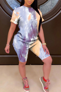 Grey Casual Print Straight Short Sleeve Two Pieces