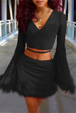 Black Fashion Sexy Solid Leopard Patchwork V Neck Long Sleeve Two Pieces