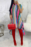 Multicolor Sexy Striped Patchwork O Neck Irregular Dress Dresses