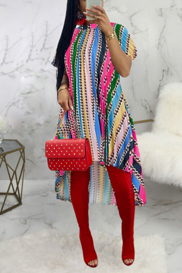 Rose Red Sexy Striped Patchwork O Neck Irregular Dress Dresses