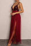 Black Sexy Patchwork Sequins Backless Spaghetti Strap Long Dress