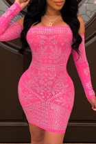 Rose Pink Sexy Hot Drilling Patchwork Bateau Neck Pencil Skirt Dresses