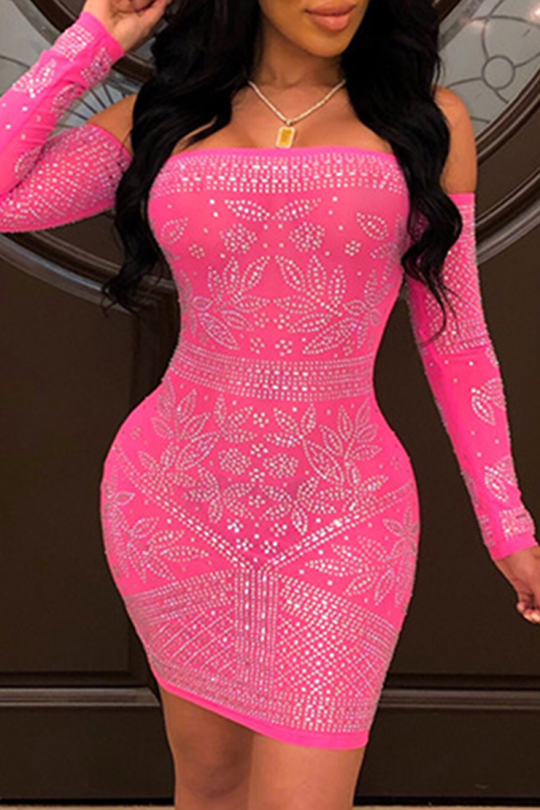 Rose Pink Sexy Hot Drilling Patchwork Bateau Neck Pencil Skirt Dresses