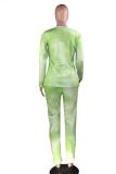 Green Active Print Straight Long Sleeve Two-piece Pants Set