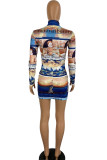 Blue Milk. Sexy Cap Sleeve Long Sleeves O neck Pencil Dress skirt Print 