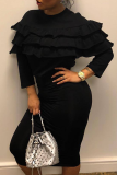 Black Casual Solid Patchwork O Neck Wrapped Skirt Dresses