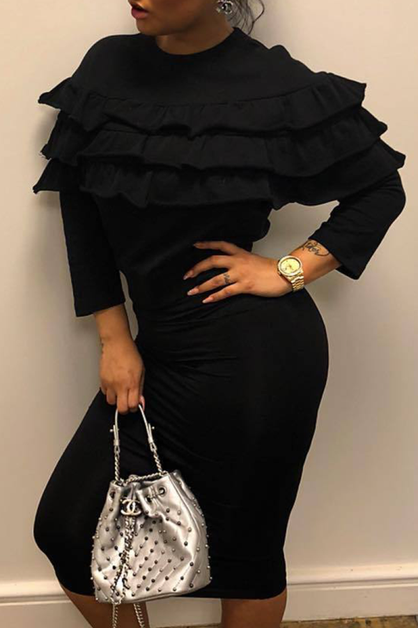 Black Casual Solid Patchwork O Neck Wrapped Skirt Dresses