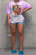 purple Blue Pink purple O Neck Short Sleeve Patchwork Print Tie Dye Tops