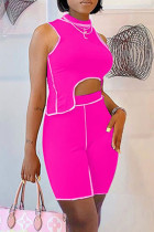 Rose Red Fashion Casual Solid Patchwork Asymmetrical Half A Turtleneck Sleeveless Two Pieces