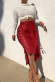 Blue Brown PU Drawstring Sleeveless High Patchwork Solid bandage Split A-line skirt Capris Bottoms
