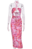 Red Sexy Print Hollowed Out Patchwork Frenulum Backless Fold Halter Pencil Skirt Dresses