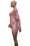 Dark Blue Fashion Sexy adult Patchwork Print Tie Dye Two Piece Suits Straight Short Sleeve Two Pieces