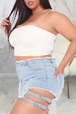 Baby Blue Fashion Casual Solid Hollowed Out Patchwork High Waist Regular Jeans