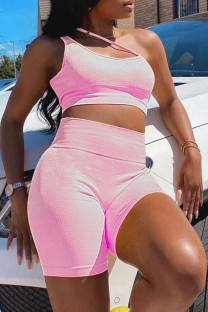 Pink Sexy Solid Patchwork One Shoulder Sleeveless Two Pieces