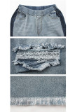 Light Blue Denim Elastic Fly Sleeveless High Hole Solid washing Patchwork pencil Pants 