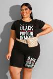Black Fashion Casual adult O Neck Letter Patchwork Print Two Piece Suits Plus Size