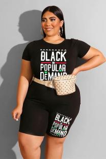 Black Fashion Casual adult O Neck Letter Patchwork Print Two Piece Suits Plus Size