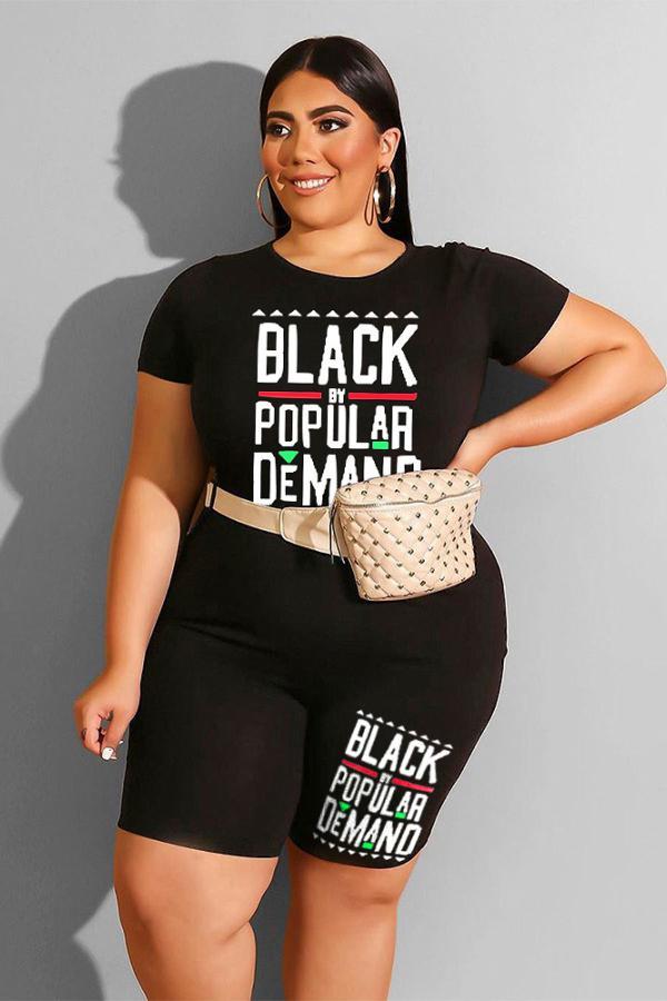 Black Fashion Casual adult O Neck Letter Patchwork Print Two Piece Suits Plus Size