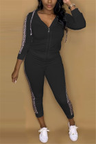 Black Fashion Casual Patchwork Patchwork Hooded Collar Long Sleeve Two Pieces
