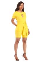 Yellow Sexy Fashion bandage Patchwork Solid Hollow Short Sleeve O Neck 
