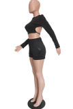 Black Fashion Casual Solid Backless Strap Design O Neck Long Sleeve Two Pieces