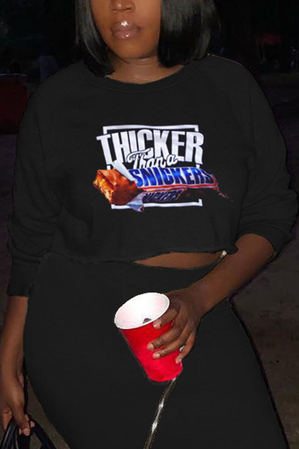 Black Fashion Casual Adult Print Pullovers O Neck Tops