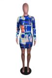 Blue Fashion Casual Cap Sleeve Long Sleeves O neck Step Skirt Mini Geometric Print Casual Dres