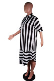 Black Fashion Casual Short Sleeves Turndown Collar Straight Mini Striped Print Dresses
