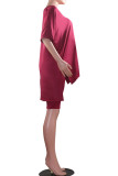 Wine Red Casual Solid pencil Half Sleeve Two Pieces