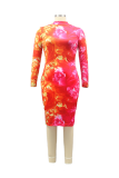 Rose Red Sexy Print Patchwork Zipper Collar Plus Size 