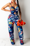 Yellow Sexy Print Hollowed Out Spaghetti Strap Straight Jumpsuits