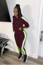 Wine Red adult Fashion OL Solid Two Piece Suits Patchwork Zippered pencil Long Sleeve