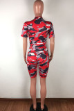 Red Casual Print Zippered Patchwork Short Sleeve Two Pieces