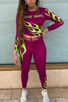 Wine Red Fashion Casual Adult Milk Fiber Print Patchwork O Neck Long Sleeve Regular Sleeve Short Two Pieces